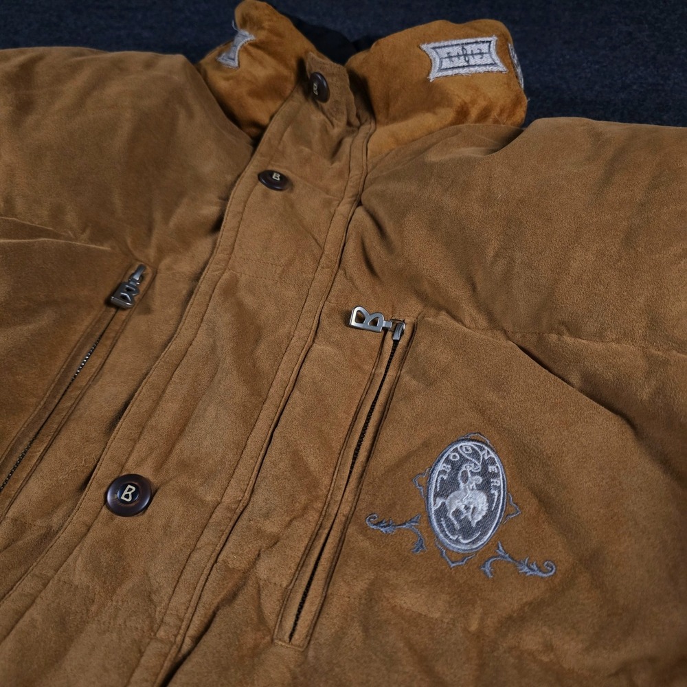Vtg Bogner Suede Puffer Jacket Tan Black Western Embroidered Aspen Size 44 (L) - Picture 2 of 16